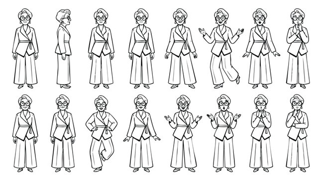 Elderly woman character sheet with diverse poses and expressions