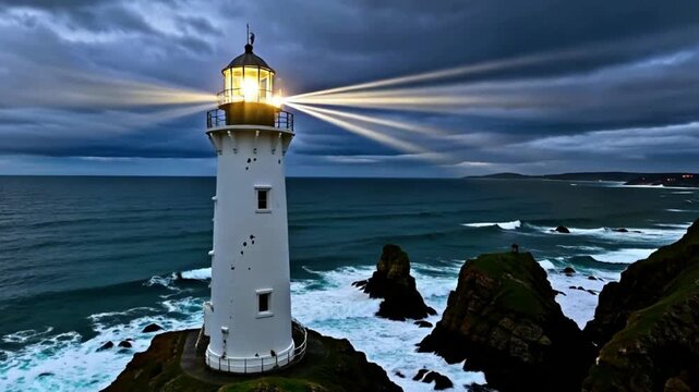 Iconic Coastal Lighthouse Beaming Bright Light Over Dramatic Ocean Waves at Dusk