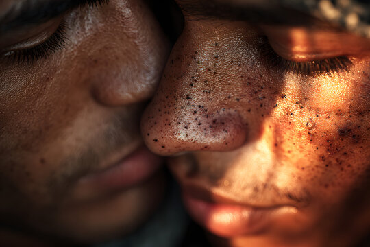 Gay couple kissing each other with pride colors