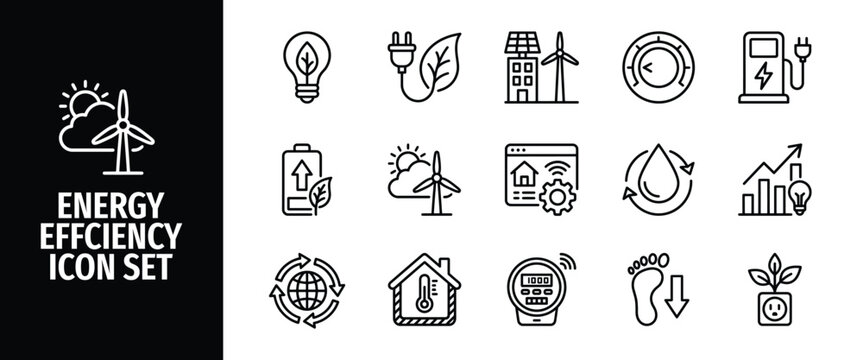 Set of energy efficiency icons, including renewable energy, ecofriendly power, smart home technology, and sustainable living concepts
