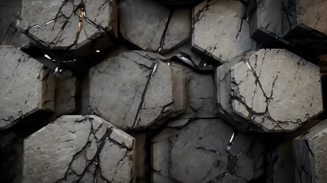 A textured background of interlocking hexagonal stone blocks with cracks and golden accents.
