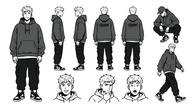 Character reference sheet of a young man in streetwear and hoodie