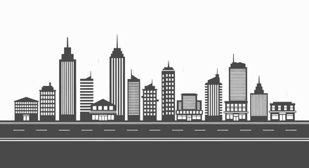 Obraz premium Modern City Skyline Silhouette with a Curved Highway Road Leading to Urban Architecture Vector Illustration
