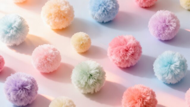 Colorful fluffy pom poms on pastel surface