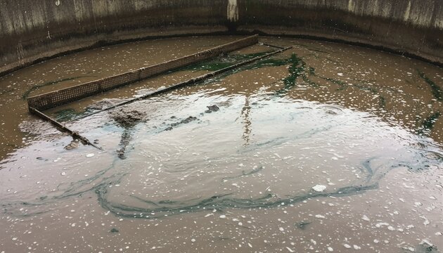 Wastewater treatment plant basin with circulating brown sludge and scum. Industrial sewage filtration process. Infrastructure for environment sanitation, water ecology and recycling.