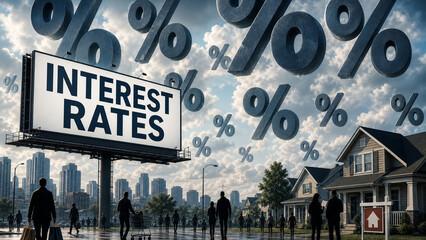 Obraz premium Billboard reading interest rates with floating percent symbols over homes, city skyline, and people, illustrating mortgages and economic pressure.