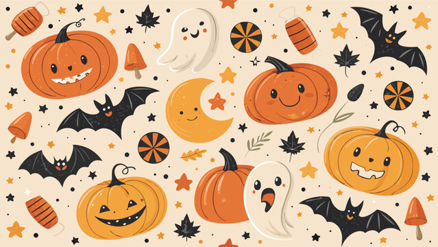 Seamless halloween pumpkin bat pattern background, halloween pattern seamless background, orange pumpkins