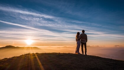 Fototapeta premium Couple embracing at hilltop viewpoint observing majestic sunrise landscape