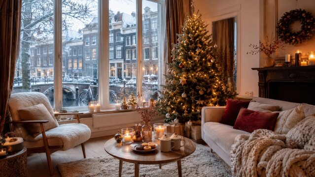 Gem&uuml;tliches Weihnachtswohnzimmer in den Niederlanden mit Blick auf verschneite Grachtenh&auml;user, Kerzen und Pl&auml;tzchen