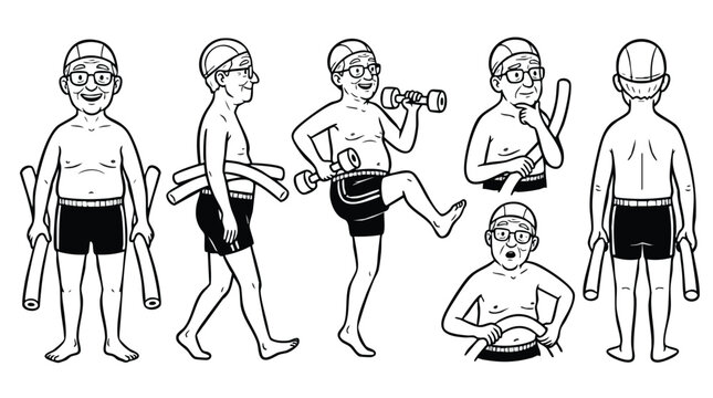 Senior Man Performing Water Aerobics Exercise Illustrations