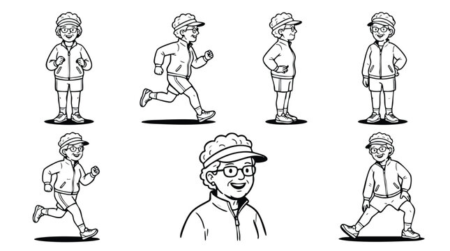 Senior woman exercising set black and white line art illustration