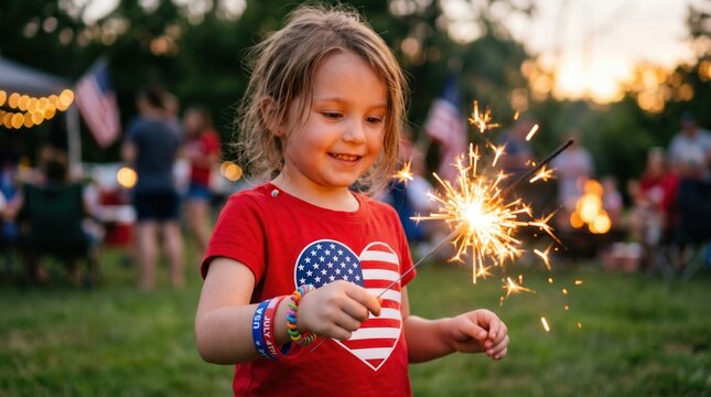 Happy young girl holding a burning sparkler at a fourth of july celebration outdoors