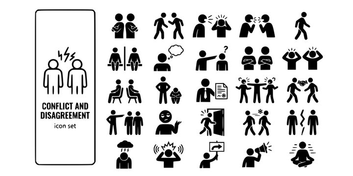Conflict Disagreement Interaction Bold Line Icons-Arguing Stand Off Shouting Raised Voices Storm Off Silent Treatment Ignoring Accusation Defensive Passive Aggressive-25 Conflict Icon Set Vector