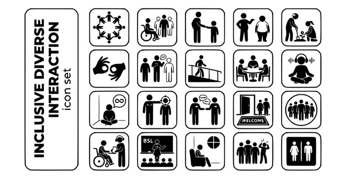 Inclusive Diverse Interaction Bold Line Icons-Diverse Group Wheelchair Sign Language Interpreter Ally Pronouns Belonging Neurodivergent Sensory Friendly Accessibility-25 Inclusive Icon Set Vector