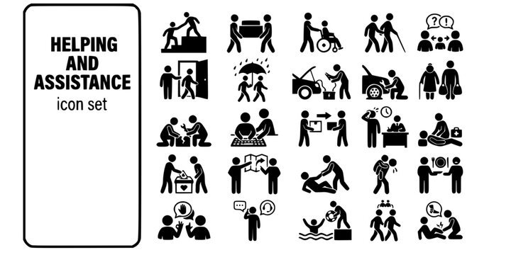 Helping Assistance Interaction Bold Line Icons-Hand Reach Pull Up Carry Wheelchair Blind Guide Umbrella Jump Start Groceries Teach Lend Donate First Aid-25 Helping Icon Set Vector