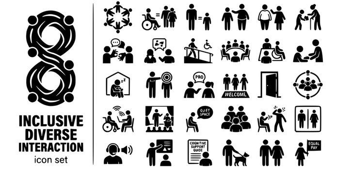Inclusive Diverse Interaction Bold Line Icons-Diverse Group Wheelchair Sign Language Interpreter Ally Pronouns Belonging Neurodivergent Sensory Friendly Accessibility-25 Inclusive Icon Set Vector