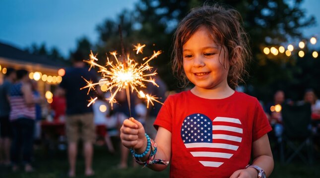 Happy little girl holding a glowing sparkler at a backyard fourth of july celebration