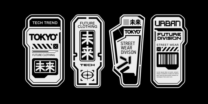 Cyberpunk style conept art Signs, Futuristic abstract logotypes set and sci-fi HUD elements, techno style frames for streetwear fashion, silkscreen and clothing printing design - editable vector 