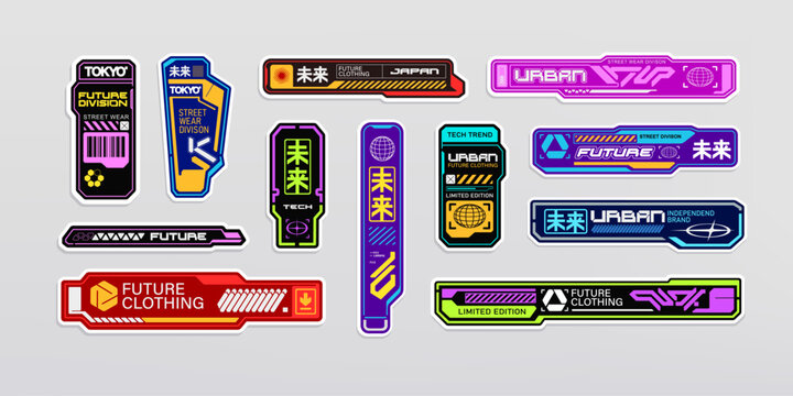 Sci-fi style Futuristic collection of Cyberpunk abstract stickers, meaningless hierogliph logos and text signs. Typography patch with acid colors bright stickers and cyberpunk banners in techno style