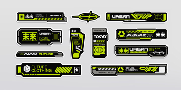 Futuristic banners set in cyberpunk style stickers. Sci-fi ui elements, assets in techno style for clothing print design. Street wear Urban fashion. Cyberpunk aesthetic. Editable vector template	