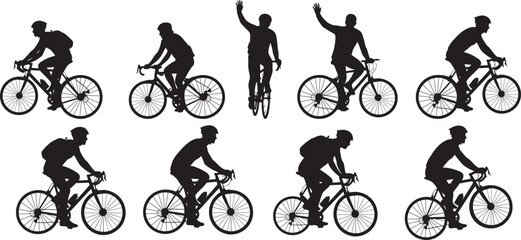 Naklejka premium Silhouette of cyclists in various poses on bicycles