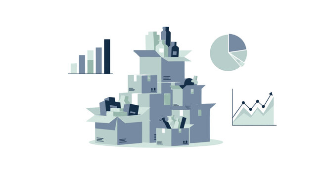 Simple flat vector banner of stacked logistics boxes with business data analysis charts for inventory management