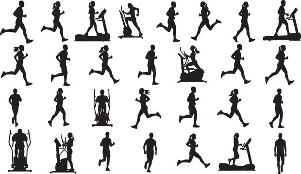 Silhouette of people running and exercising on treadmills and elliptical machines