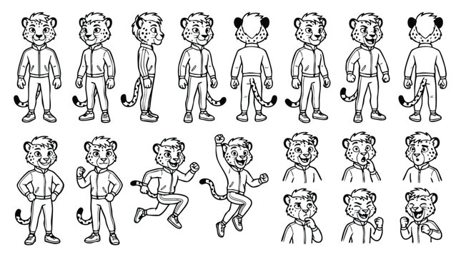 Leopard athlete character sheet in tracksuit for coloring book