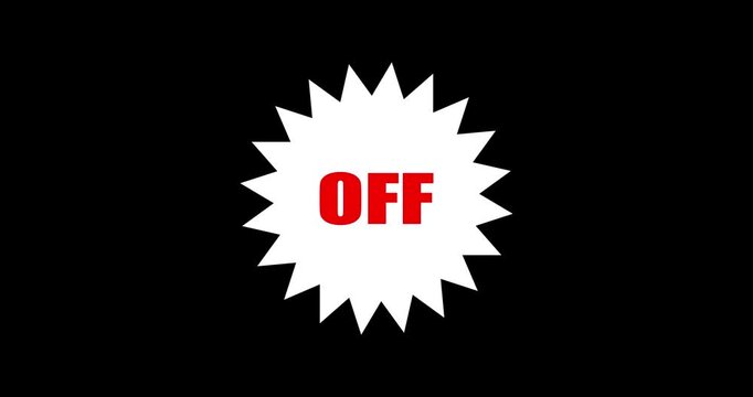 Animated red retail discount starburst badge with white OFF text isolated on a chroma key green screen background for promotional shopping videos.