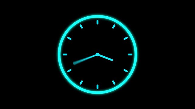 Cyan clock icon with moving arrows in 12 hour loop. Stopwatch animation. Motion graphics of timer concept