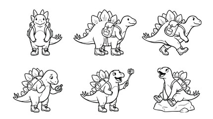 Obraz premium Cartoon Hiking Stegosaurus Dinosaur Line Art Coloring Page Set