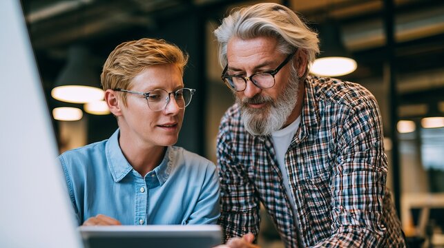 Young employee training with senior colleague, no beard, corporate headshot