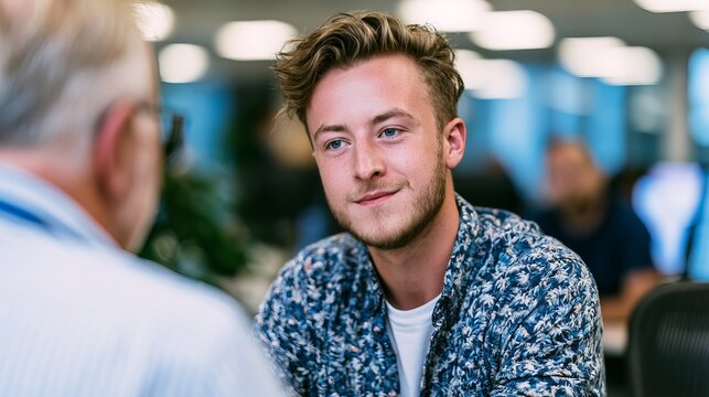 Young employee training with senior colleague, no beard, corporate headshot