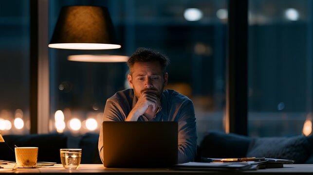 office professional sitting alone after work looking thoughtfully at laptop, workplace stress concept, realistic business environment, non dramatic