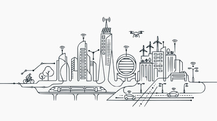 Obraz premium Smart City Skyline: An illustrative representation of a futuristic smart city, showcasing interconnected buildings, autonomous vehicles, drones, and public transportation.