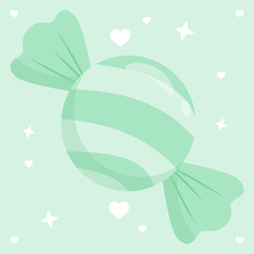 Mint Green Pastel Wrapped Candy with Hearts and Stars Sweet Background Vector Illustration