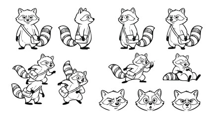 Obraz premium Cartoon raccoon character sheet with various poses and expressions