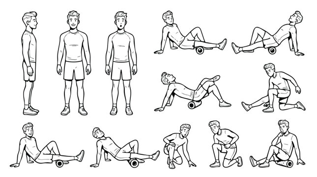 Male Athlete Foam Roller Workout Poses Line Art Set