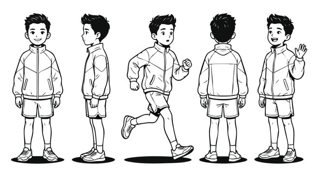 Character sheet of a young boy in sportswear for animation