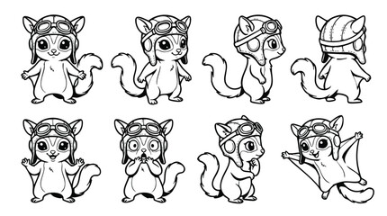 Fototapeta premium Set of Cute Cartoon Sugar Glider Aviator Line Art Illustrations