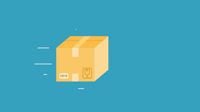 Fast Delivery Concept: Cardboard Box Moving on Blue Background