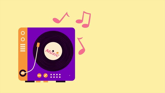 Animated Illustration of a Retro Purple Record Player Spinning a Vinyl Disc with Flying Music Notes