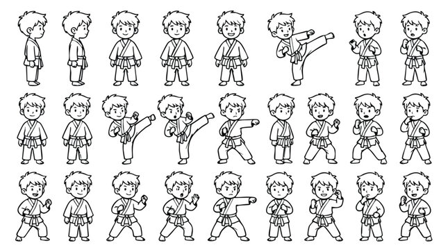 Karate Boy Character Poses Set for Coloring Book Vector Illustration