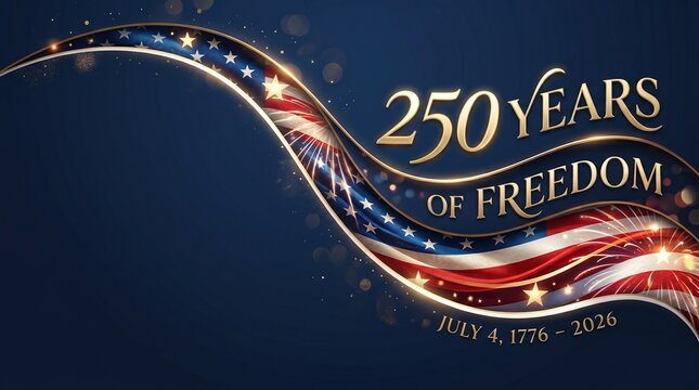 250 years of freedom july 4, 1776-2026 with american flag ribbon and sparkling effects.