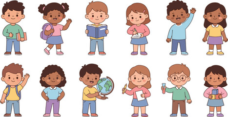 Fototapeta premium Diverse cartoon children students set in various school poses