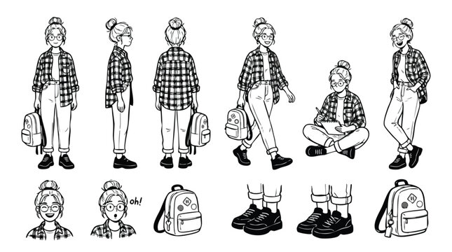 Female student character design sheet with different poses