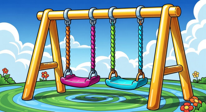 Swing Set with Pink and Blue Swings in Cartoon Playground Illustration