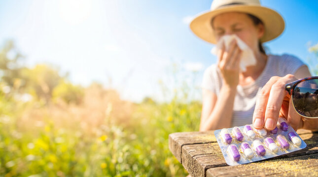 Woman using allergy medicine while sneezing in grassy outdoor area  
