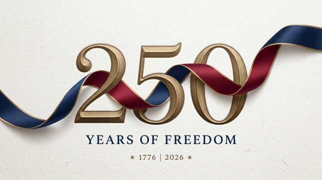 250 years of freedom 1776 to 2026 text with gold numbers and red and blue ribbons on textured background.