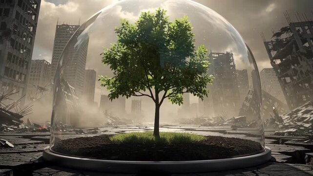 Resilient green tree protected beneath a transparent dome amid devastated city ruins symbolizing environmental preservation hope sustainability and nature enduring through catastrophic destruction